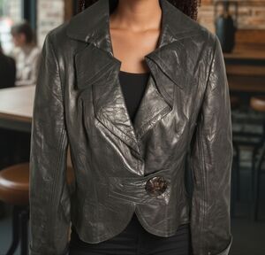 People Like Frank Leather Moto Peplum Button Charcoal Black Leather Jacket Sz S